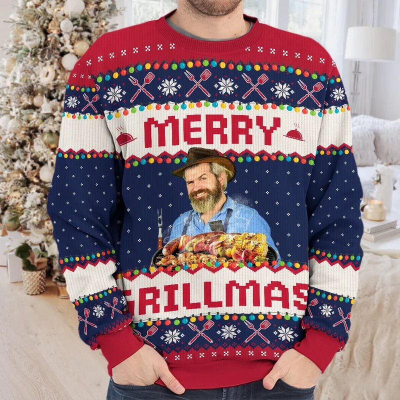 Custom Photo Grilling Up Some Holiday Cheer - Personalized Custom Ugly Sweatshirt - Unisex Wool Jumper - Christmas Gift For Dad, Grandpa, Husband