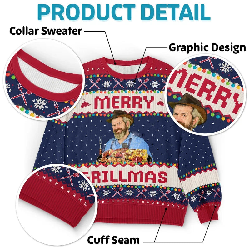 Custom Photo Grilling Up Some Holiday Cheer - Personalized Custom Ugly Sweatshirt - Unisex Wool Jumper - Christmas Gift For Dad, Grandpa, Husband