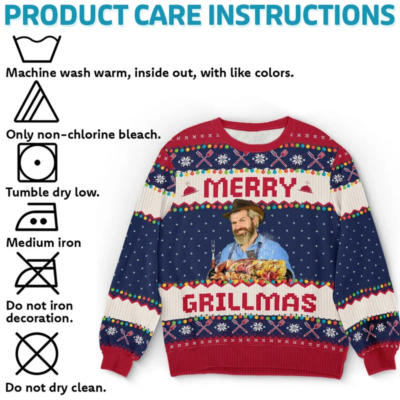 Custom Photo Grilling Up Some Holiday Cheer - Personalized Custom Ugly Sweatshirt - Unisex Wool Jumper - Christmas Gift For Dad, Grandpa, Husband