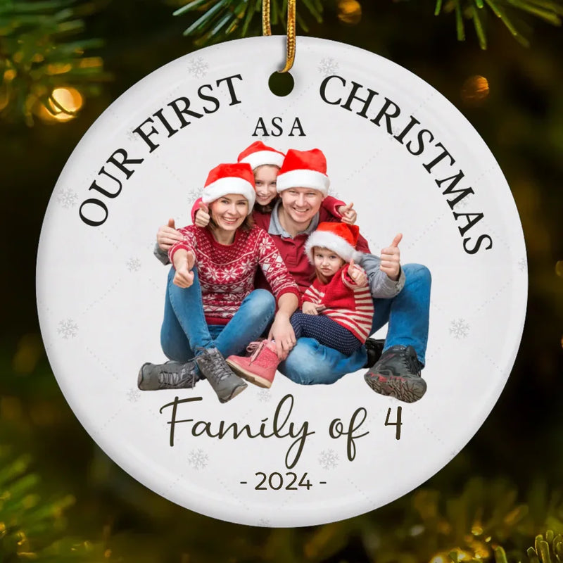 Custom Photo Our First Christmas As A Family - Family Personalized Custom Ornament - Ceramic Round Shaped - Christmas Gift For Family Members, First Christmas