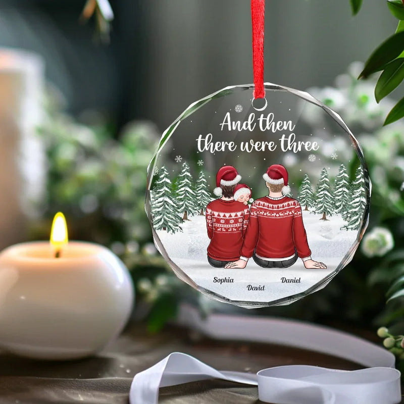 Our First Christmas As A Family Of Three - Family Personalized Custom Circle Glass Ornament - Christmas Gift For Family Members, Baby Kids, Newborn Baby, First Christmas