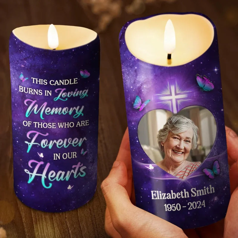 Custom Photo A Candle Flickers, But In Your Heart, I Still Burn Bright - Memorial Personalized Custom LED Candle - Sympathy Gift, Christmas Gift For Family Members