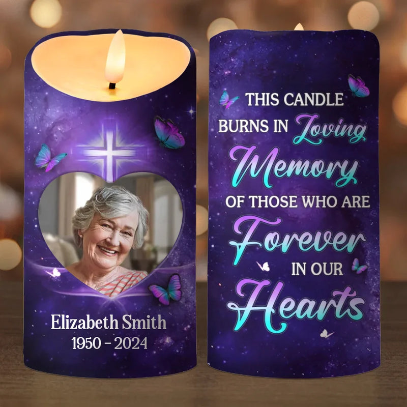 Custom Photo A Candle Flickers, But In Your Heart, I Still Burn Bright - Memorial Personalized Custom LED Candle - Sympathy Gift, Christmas Gift For Family Members