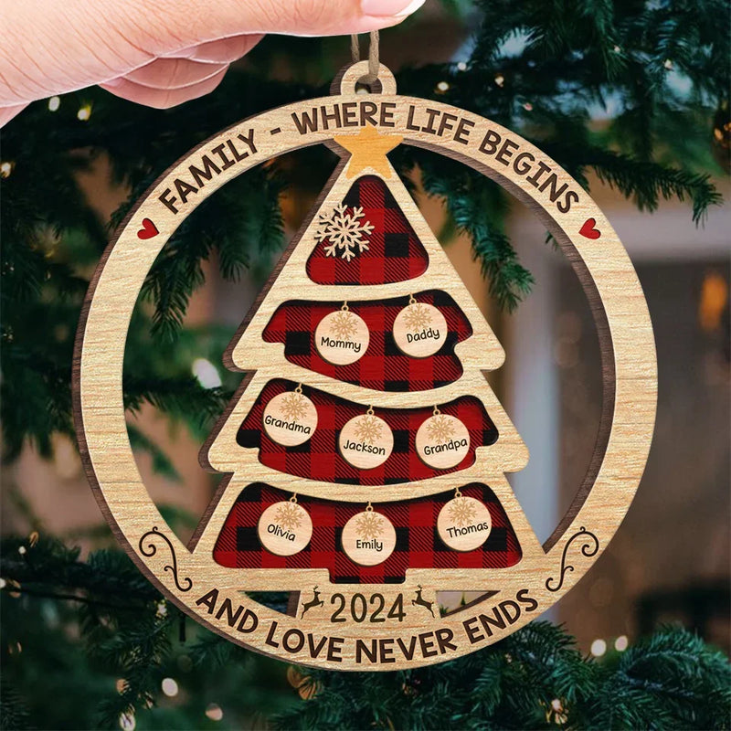 Custom Name Buffalo Plaid Family Tree Christmas Gifts - Personalized Ornament