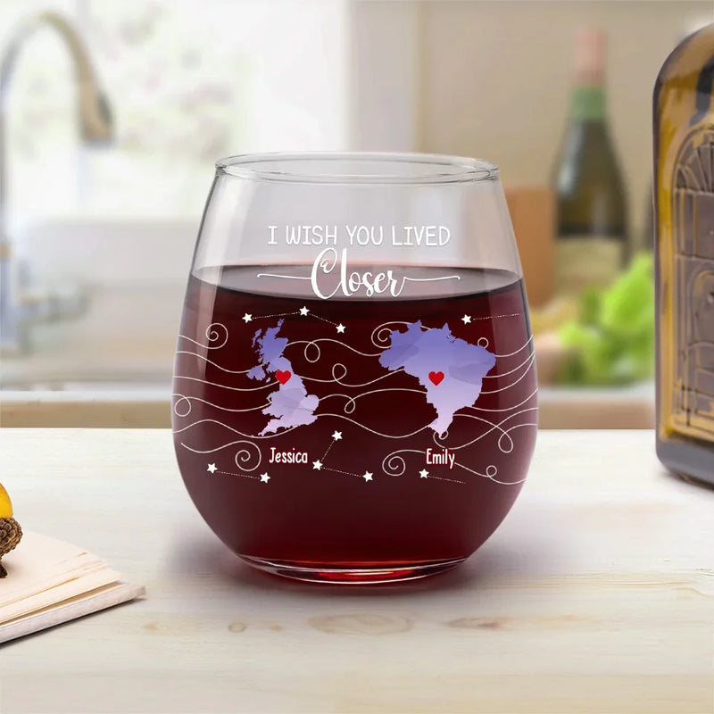 Never Too Far To Drink Together - Bestie Personalized Custom Wine Glass - Gift For Best Friends, BFF, Sisters
