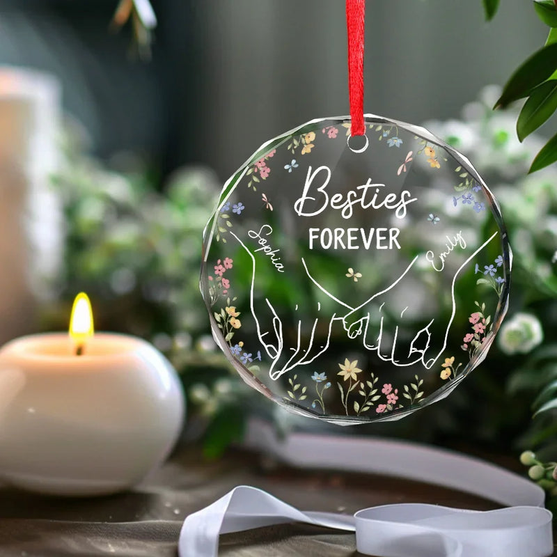 Hand In Hand And Heart To Heart - Bestie Personalized Custom Circle Glass Ornament - Christmas Gift For Best Friends, BFF, Sisters