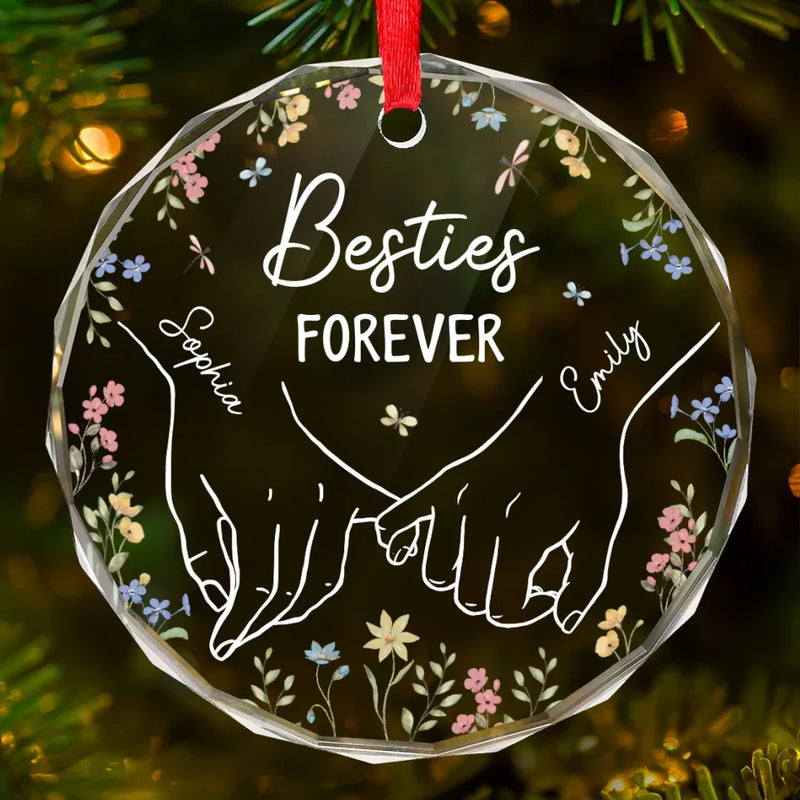 Hand In Hand And Heart To Heart - Bestie Personalized Custom Circle Glass Ornament - Christmas Gift For Best Friends, BFF, Sisters