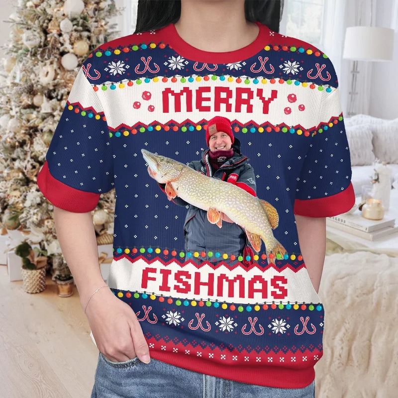 Custom Photo Merry Fishmas - Fishing Personalized Custom All Over Print Adult Short Sleeve Sweater - Christmas Gift For Fishing Lovers, Fisherman