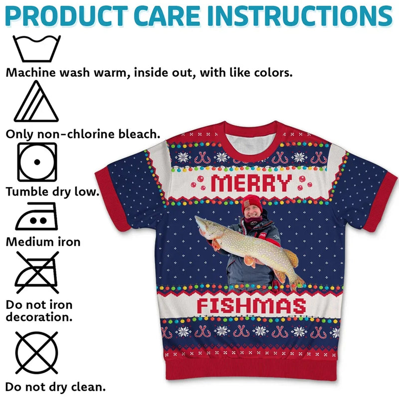 Custom Photo Merry Fishmas - Fishing Personalized Custom All Over Print Adult Short Sleeve Sweater - Christmas Gift For Fishing Lovers, Fisherman