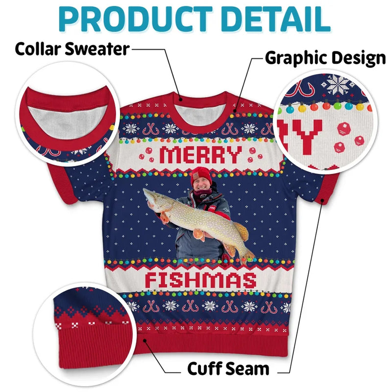 Custom Photo Merry Fishmas - Fishing Personalized Custom All Over Print Adult Short Sleeve Sweater - Christmas Gift For Fishing Lovers, Fisherman