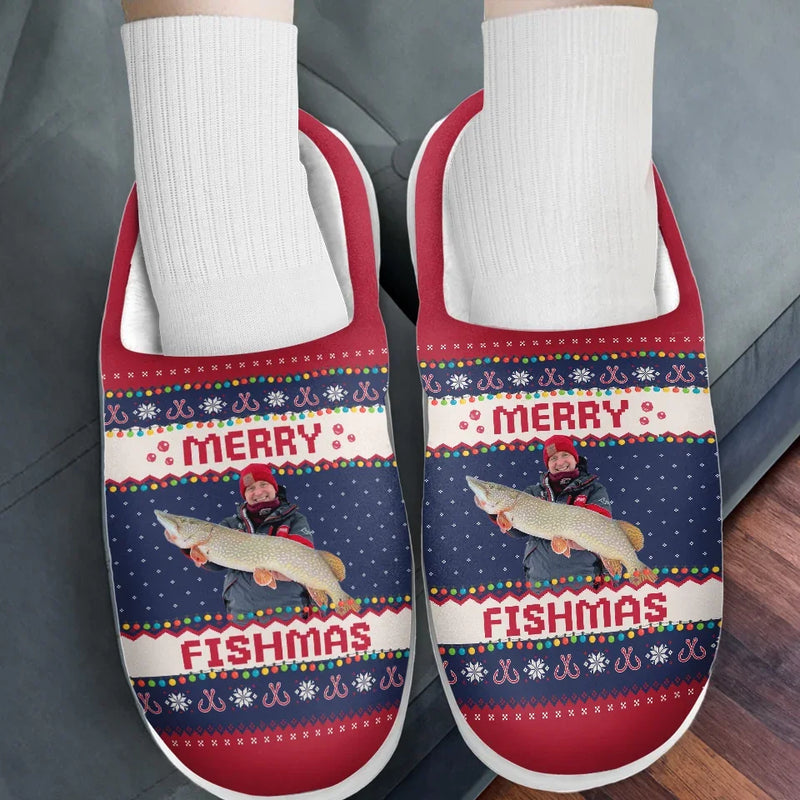 Custom Photo Merry Fishmas - Fishing Personalized Custom Fluffy Slippers - Christmas Gift For Fishing Lovers, Fisherman