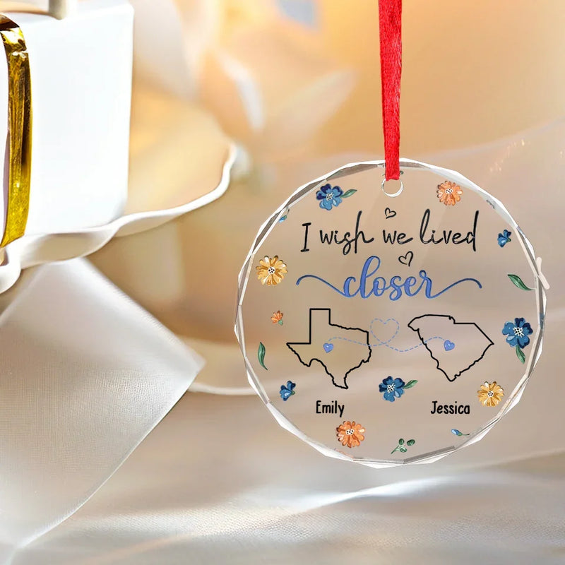 Custom Name Long Distance State Map Gifts - Personalized Glass Ornament