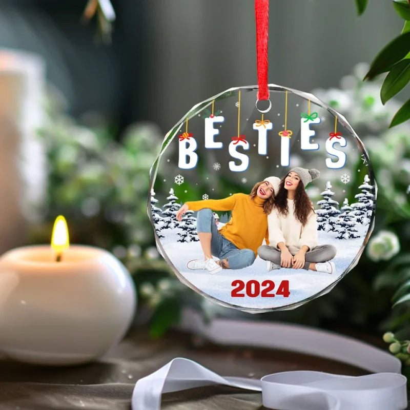Custom Photo This Christmas Will Be With You - Bestie Personalized Custom Circle Glass Ornament - Christmas Gift For Best Friends, BFF, Sisters, Coworkers