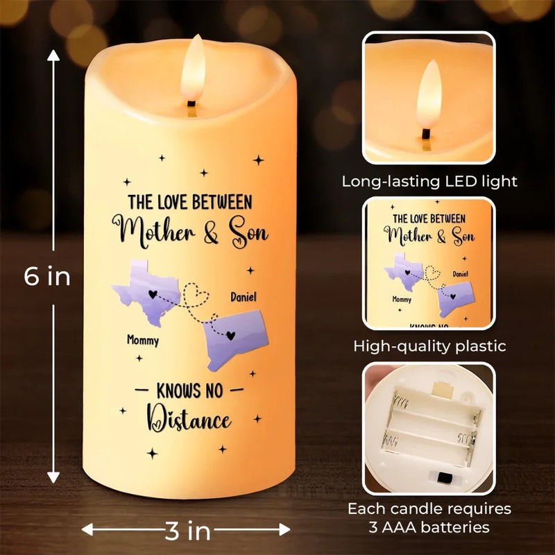 The Love Between Us Knows No Distance - Family Personalized Custom LED Candle - Christmas Gift For Mom, Daughter, Son