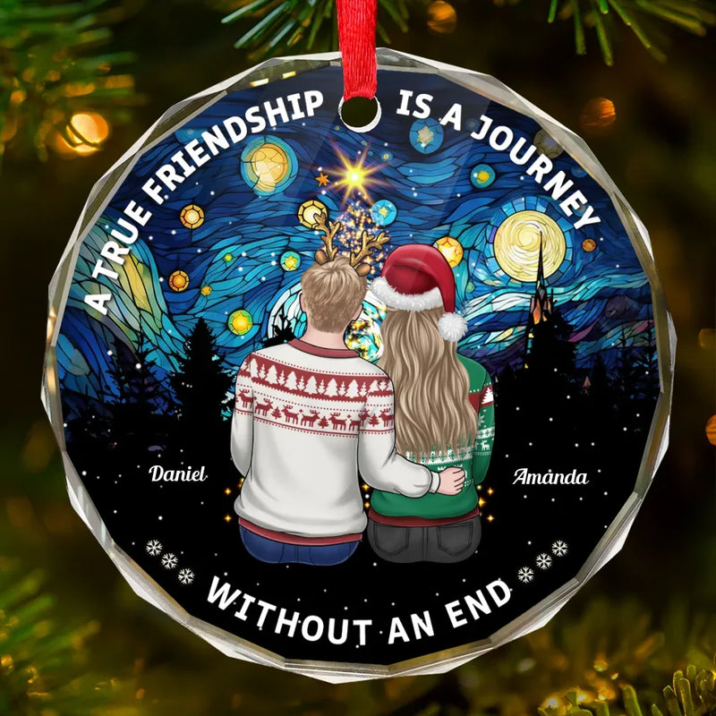 A True Friendship Is A Journey Without An End - Bestie Personalized Custom Circle Glass Ornament - Christmas Gift For Best Friends, BFF, Sisters