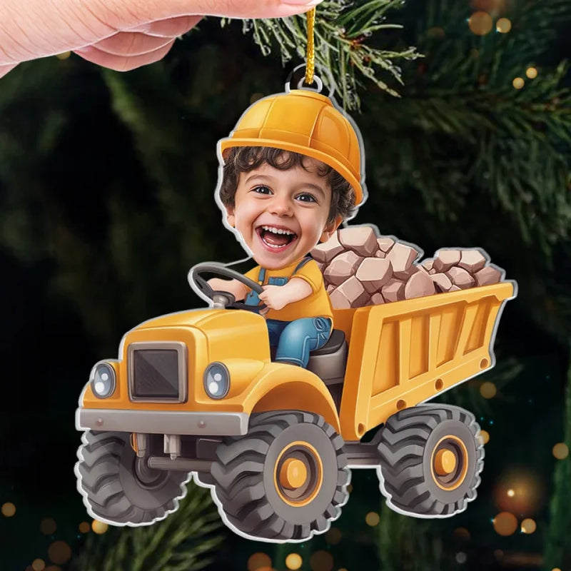 Custom Photo The Tiny, Professional Construction Truck Driver - Family Personalized Custom Ornament - Acrylic Custom Shaped - Christmas Gift For Kids