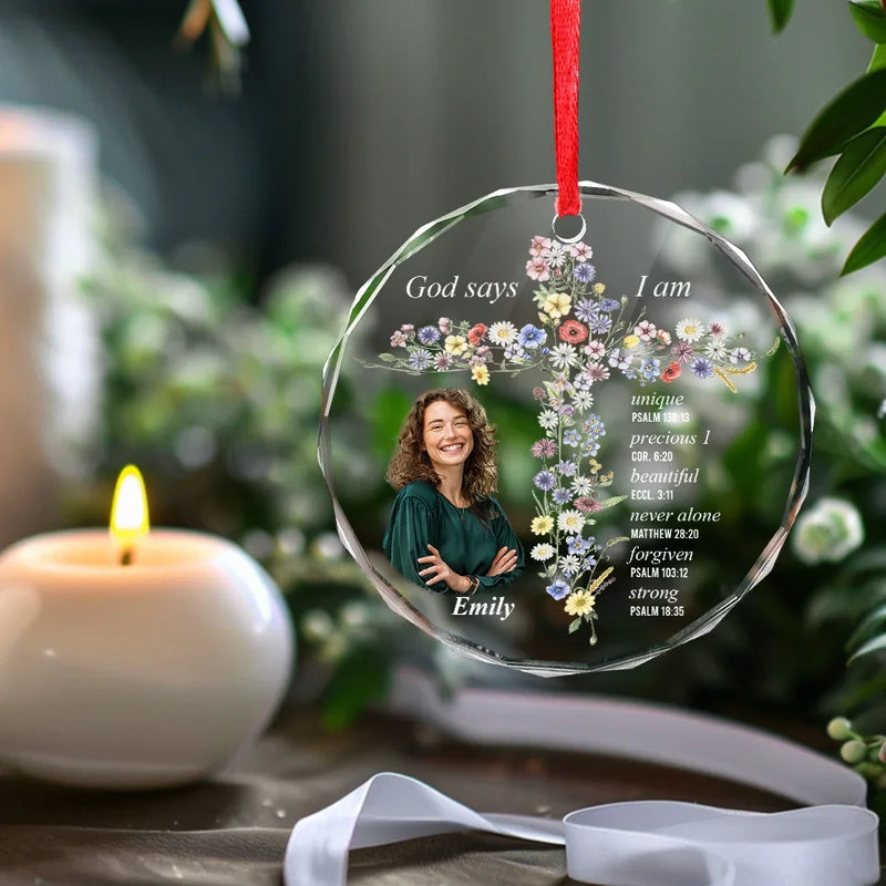 Custom Photo Floral Cross Christian Gifts - Personalized Glass Ornament