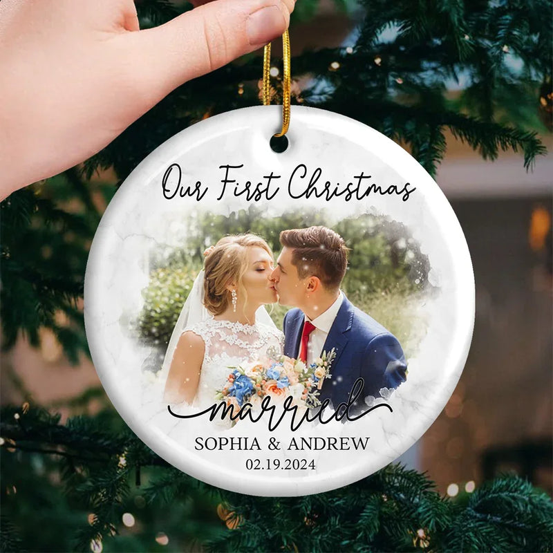 Custom Photo First Christmas Wedding Gifts for Couples - Personalized Ceramic Ornament