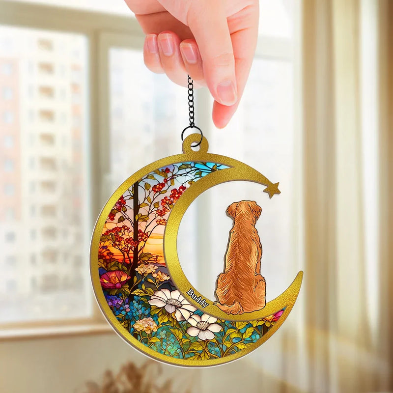 Custom Name Dog Moon and Floral Garden Decor - Personalized Suncatcher Ornament