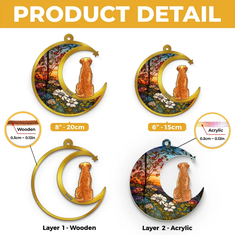 Custom Name Dog Moon and Floral Garden Decor - Personalized Suncatcher Ornament