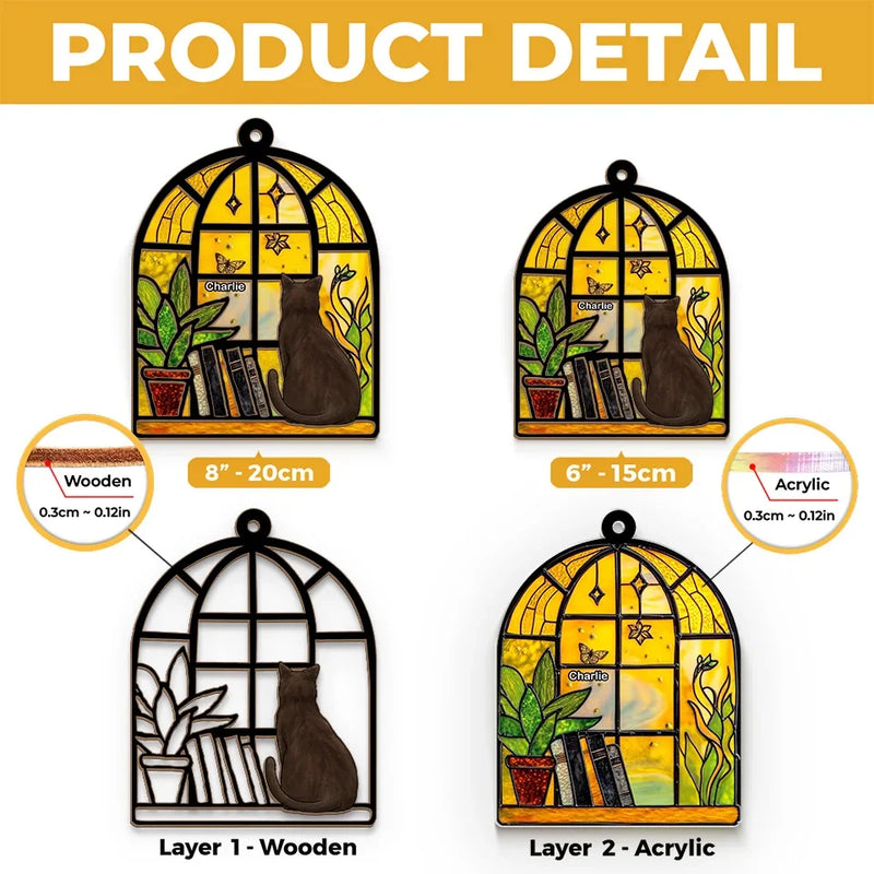 Custom Name Cat Window Scene Decor - Personalized Suncatcher Ornament