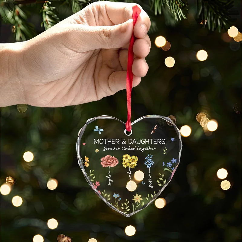 A Mom’s Heart Is A Bouquet Of Kindness - Family Personalized Custom Heart Glass Ornament - Christmas Gift For Mom, Daughter