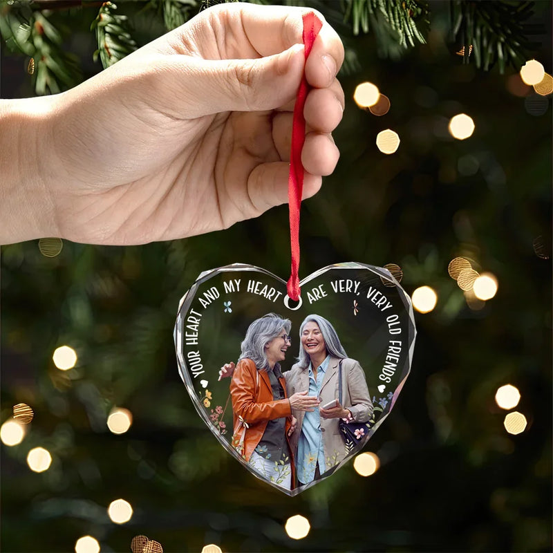Custom Photo Old Friends Are Treasures Built Over Time - Bestie Personalized Custom Heart Glass Ornament - Christmas Gift For Best Friends, BFF, Sisters