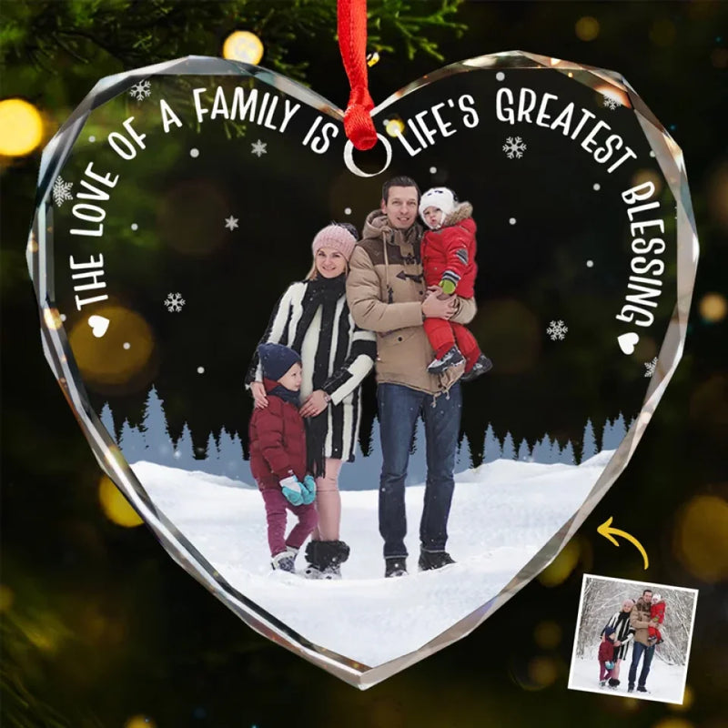 Custom Photo The Love Between Family Is Forever - Family Personalized Custom Heart Glass Ornament - Christmas Gift For Family Members