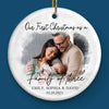 Custom Photo Our First Christmas As A Family Of Three - Couple Personalized Custom Ornament - Ceramic Round Shaped - Christmas Gift For Husband Wife, Anniversary, First Christmas