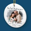 Custom Photo Our First Christmas As A Family Of Three - Couple Personalized Custom Ornament - Ceramic Round Shaped - Christmas Gift For Husband Wife, Anniversary, First Christmas