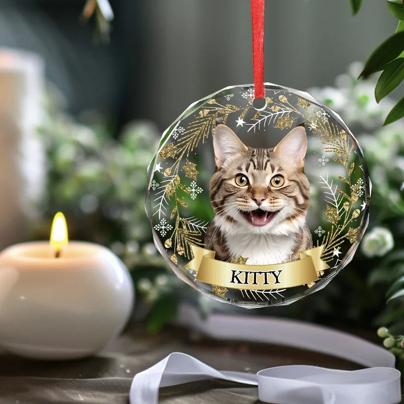 Custom Photo Happiness Is A Purring Kitty - Dog & Cat Personalized Custom Circle Glass Ornament - Christmas Gift For Pet Owners, Pet Lovers
