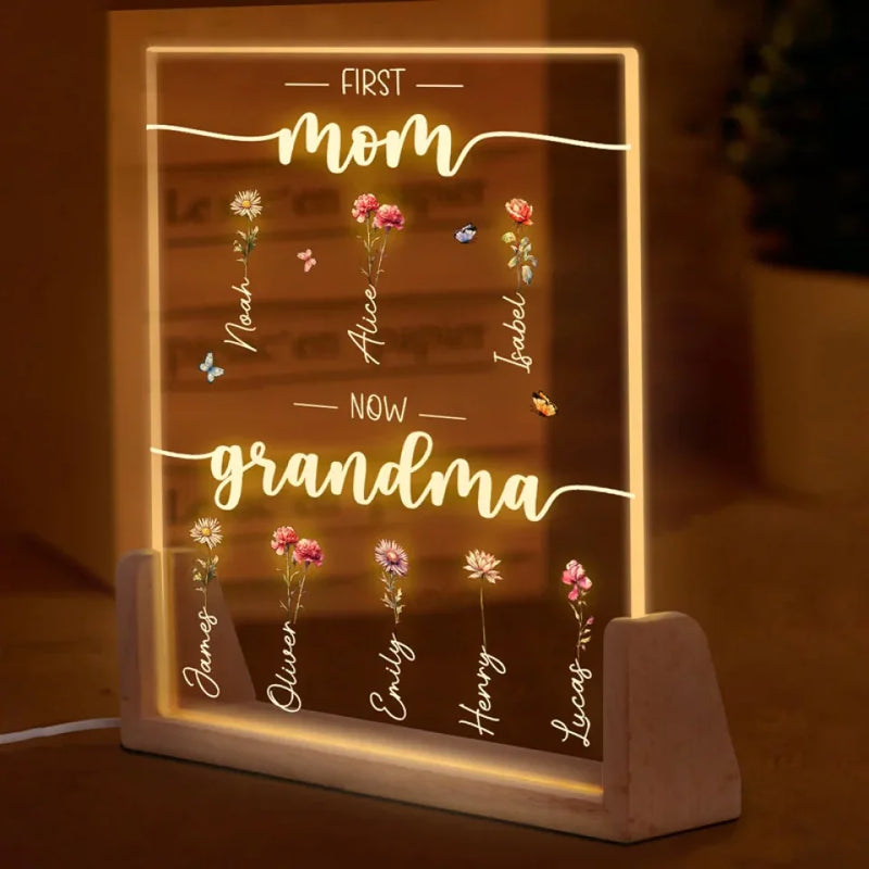 Custom Name First Mom Now Grandma Floral Gift for Mom - Personalized 3D LED Walnut Night Light
