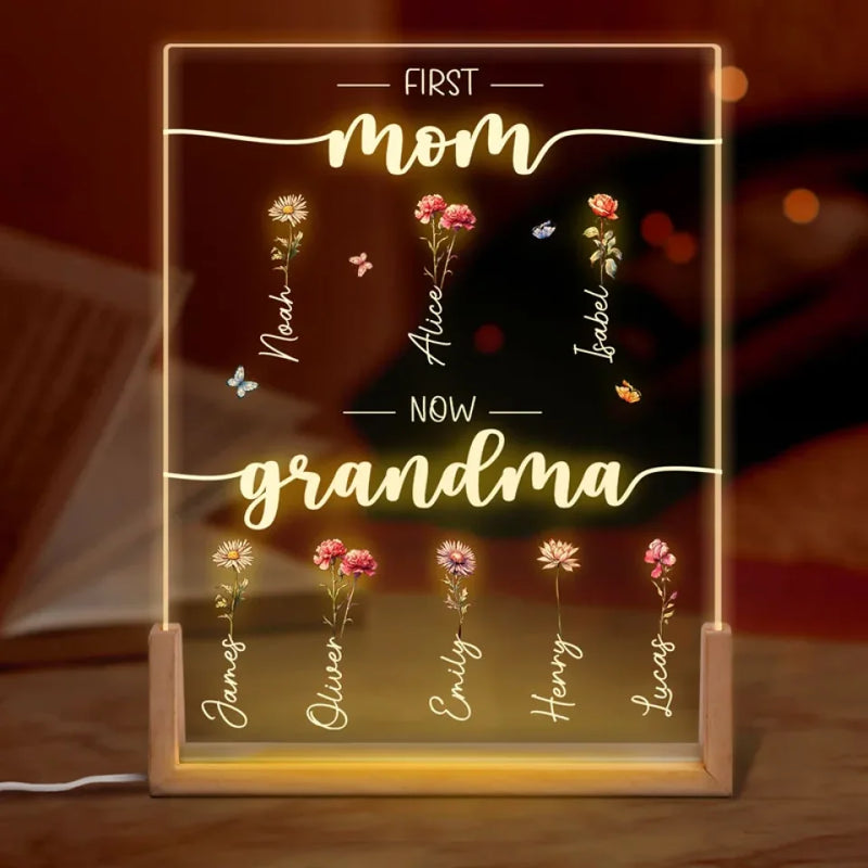 Custom Name First Mom Now Grandma Floral Gift for Mom - Personalized 3D LED Walnut Night Light