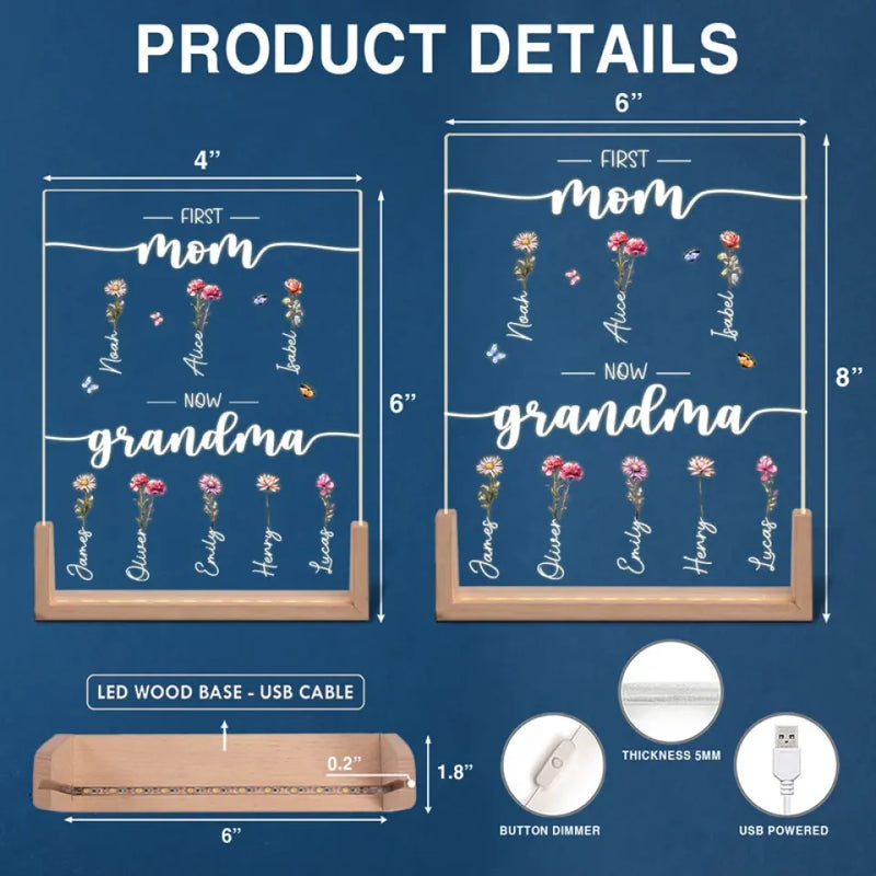 Custom Name First Mom Now Grandma Floral Gift for Mom - Personalized 3D LED Walnut Night Light