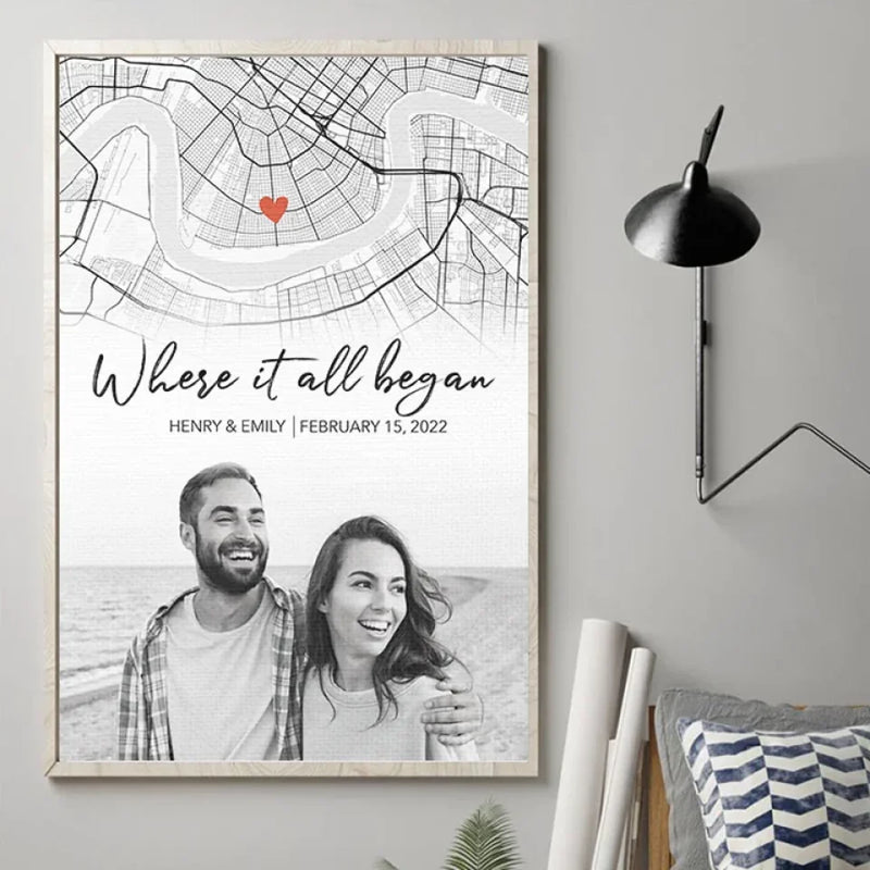 Custom Photo Location Map The Beginning Of Forever - Couple Personalized Custom Map Vertical Poster - Map Art, Christmas Gift For Husband Wife, Anniversary