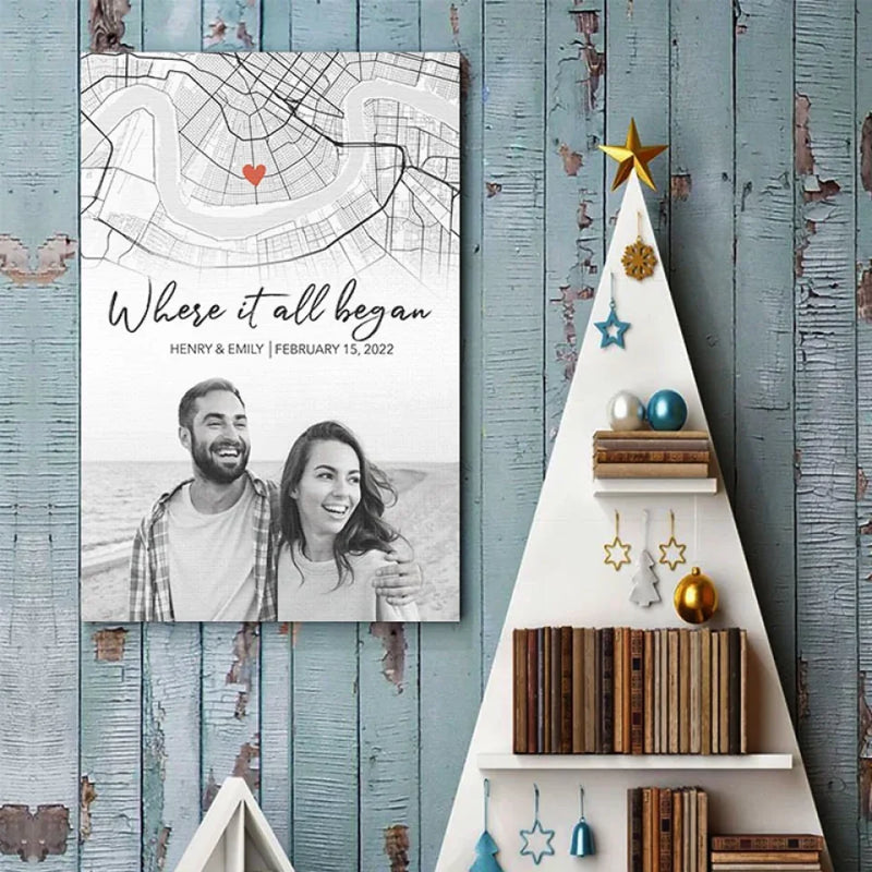 Custom Photo Location Map The Beginning Of Forever - Couple Personalized Custom Map Vertical Poster - Map Art, Christmas Gift For Husband Wife, Anniversary