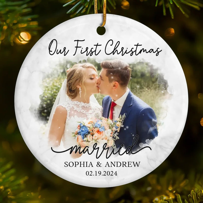 Custom Photo First Christmas Wedding Gifts for Couples - Personalized Ceramic Ornament