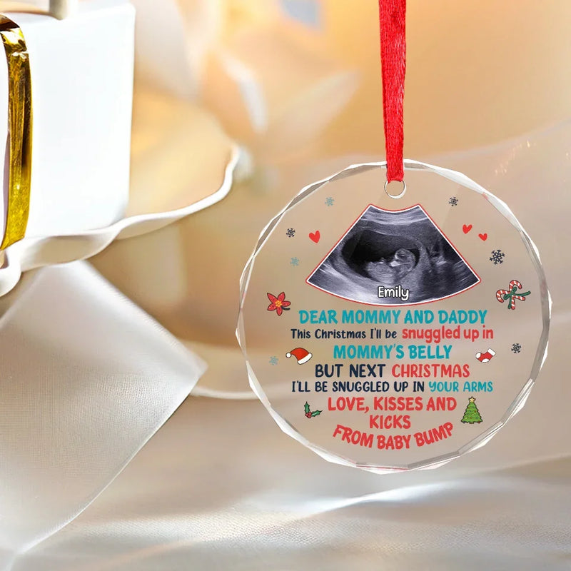 Custom Photo Next Christmas I'll Be Snuggled Up In Your Arms - Family Personalized Custom Circle Glass Ornament - Christmas Gift For Baby Kids, Newborn Baby