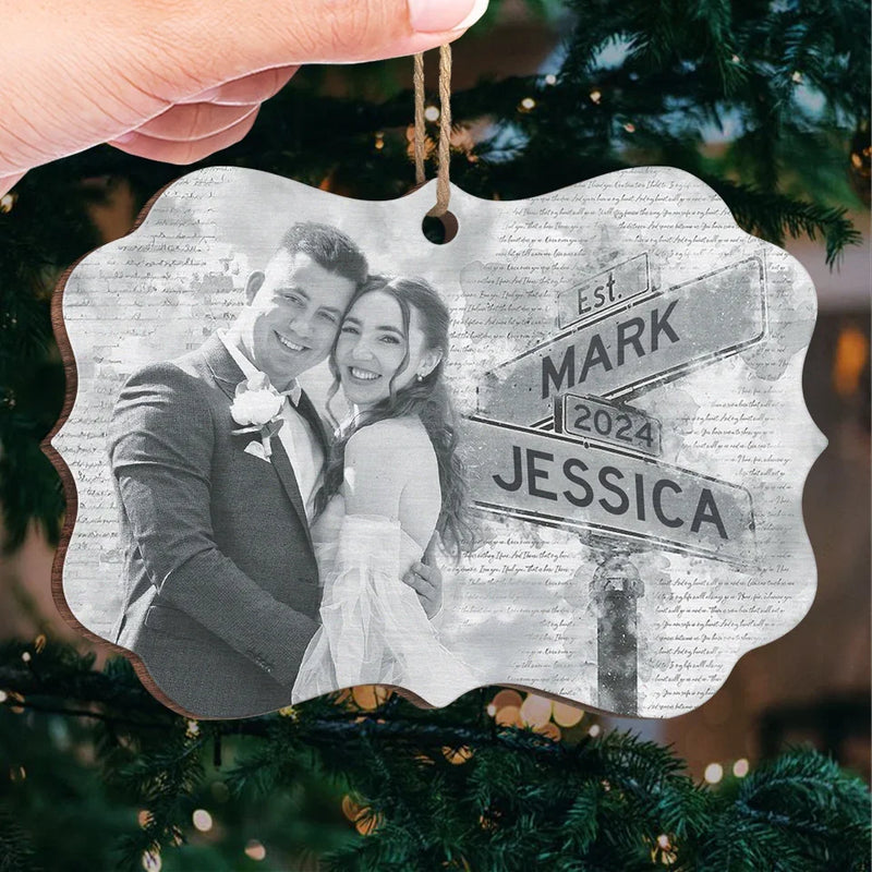 Custom Photo Our Love Story Is My Favorite Memory - Couple Personalized Custom Ornament - Wood Benelux Shaped - Christmas Gift For Husband Wife, Anniversary
