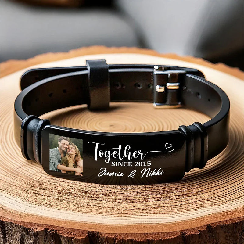 Custom Photo Loving You Is My Forever Plan - Couple Personalized Custom Bracelet - Gift For Husband Wife, Anniversary
