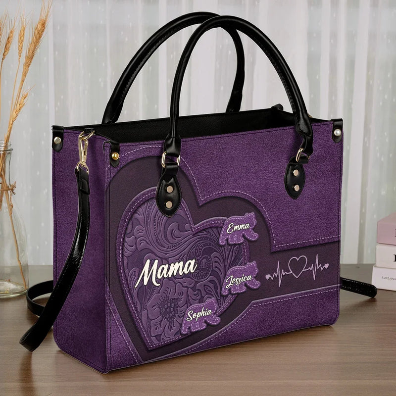 Custom Name Mama Heart Gifts for Mom - Personalized Leather Handbag
