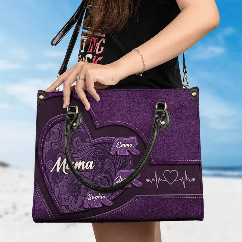 Custom Name Mama Heart Gifts for Mom - Personalized Leather Handbag