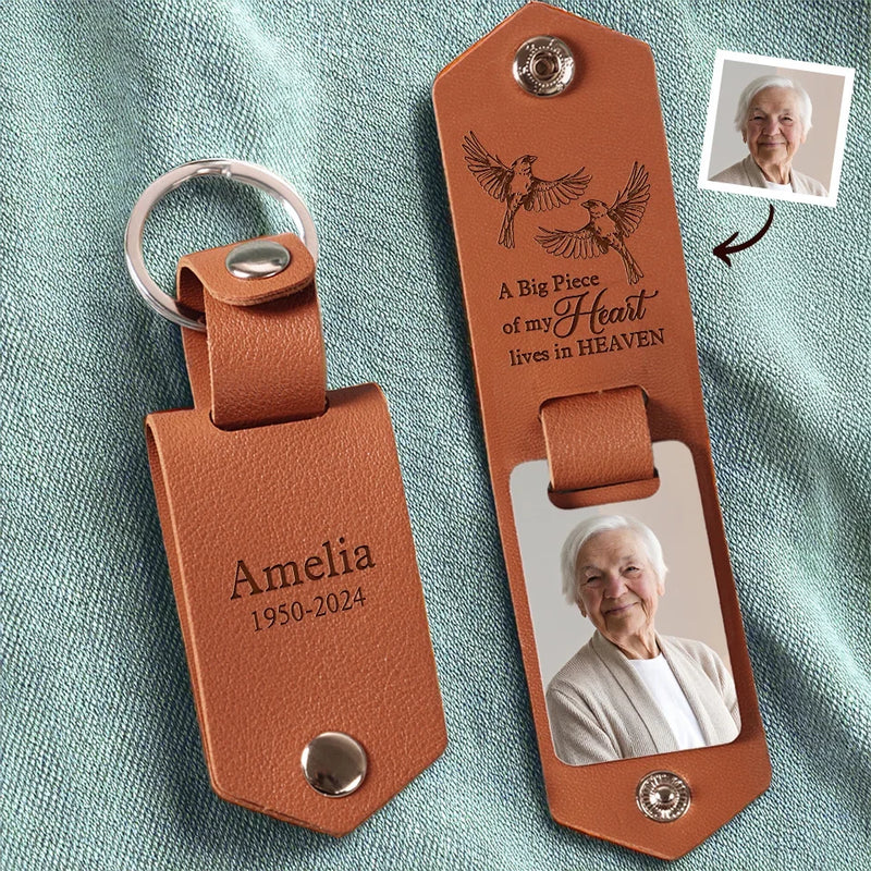 Custom Photo A Big Piece Of My Heart Lives In Heaven - Memorial Personalized Custom Engraved Leather Keychain - Sympathy Gift For Family Members