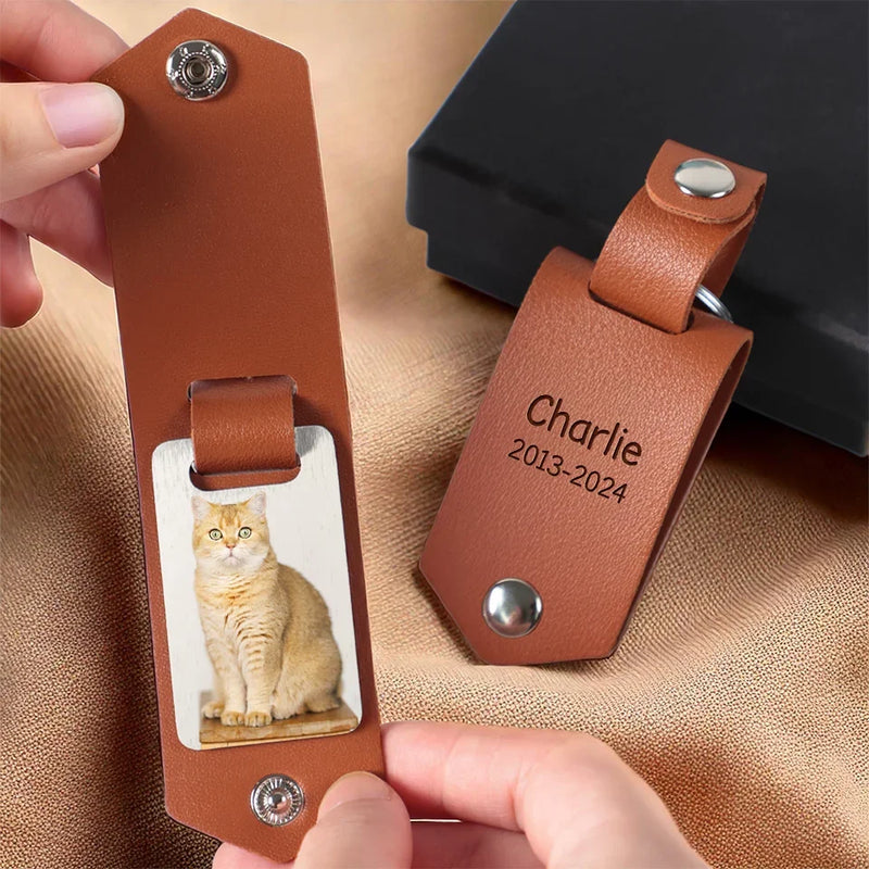 Custom Pet Photo Cat Memorial Gifts - Personalized Engraved Leather Keychain