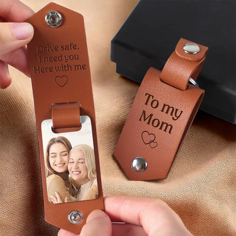 Custom Photo I Need You Here With Me - Family Personalized Custom Engraved Leather Keychain - Gift For Family Members