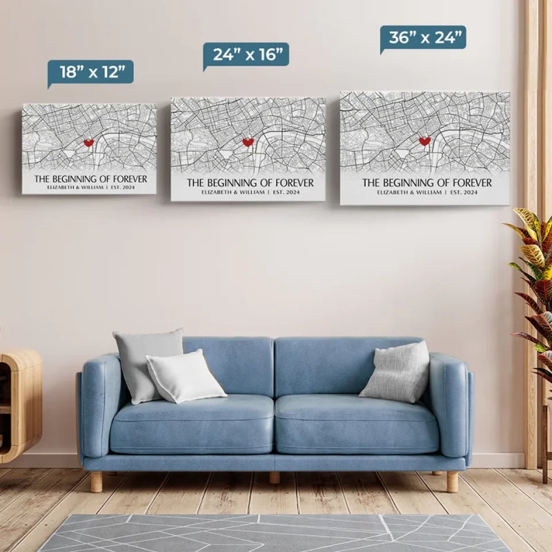 Location Map The Beginning Of Forever - Couple Personalized Custom Map Horizontal Canvas - Map Art, Gift For Husband Wife, Anniversary, Long Distance Relationship