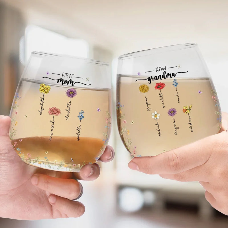 Custom First Mom Now Grandma Gifts - Personalized Wine Glass