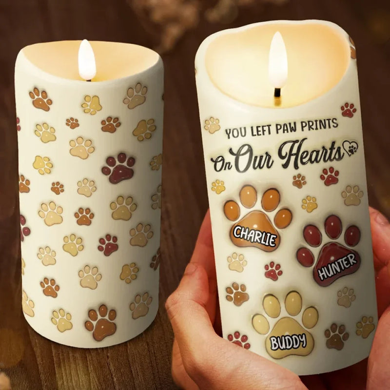 You Left Paw Prints On Our Hearts - Memorial Personalized Custom 3D Inflated Effect Printed LED Candle - Sympathy Gift, Christmas Gift For Pet Owners, Pet Lovers