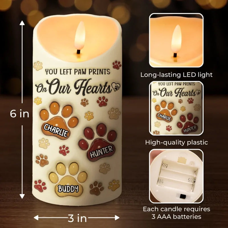 You Left Paw Prints On Our Hearts - Memorial Personalized Custom 3D Inflated Effect Printed LED Candle - Sympathy Gift, Christmas Gift For Pet Owners, Pet Lovers