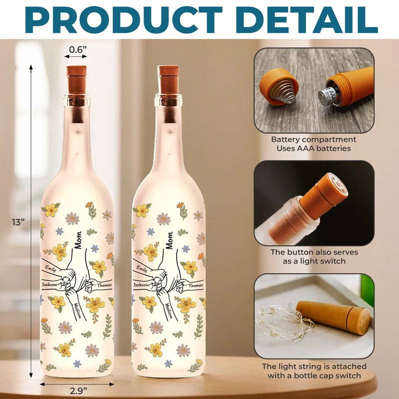 The Hands That Held Mine Taught Me Strength And Kindness - Family Personalized Custom Bottle Lamp - Gift For Mom, Grandma